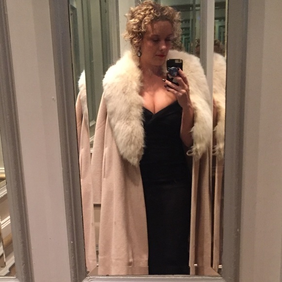 Vintage S/M full length fur coat wool fox collar camel blonde jacket winter real - Picture 4 of 13